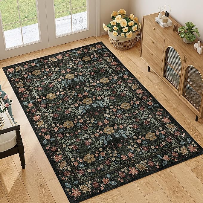 DUKINO 3x5 Area Rug, Vintage Floral Washable Rug for Bedroom with Non Slip Design, Soft Low Pile Indoor Small Carpet for Bedroom, Farmhouse, Living Room, Office, Bathroom, Black