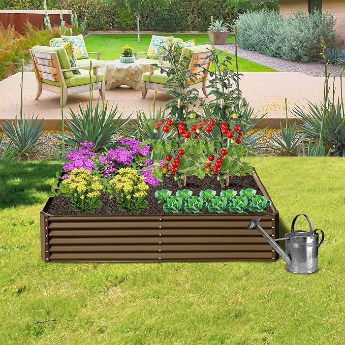 Domi 6x3x1.5ft Metal Raised Garden Beds Outdoor, Thickened Galvanized Steel Deep Root Planter Box with Stabilizing Bars & Rubber Edging for Vegetables, Flowers, Herbs - Brown