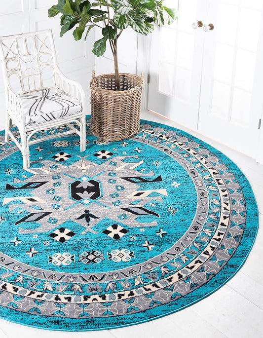 Unique Loom Taftan Collection Border Geometric Tribal Inspired Design Area Rug (8' 0 x 8' 0 Round, Turquoise/ Gray)