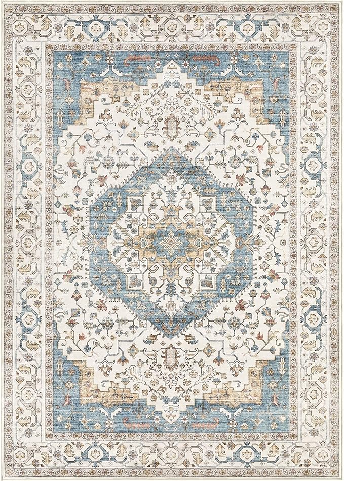 Area Rug for Living Room - 6x9 Soft Washable Oriental Vintage Floral Distressed Large Carpet - Fade Stain Resistant Non Slip Rugs for Bedroom Dining Room Nursery Dorm Office Home Decor - Blue/Beige