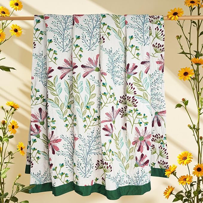 Boho Throw Blanket, 100% Organic Cotton Breathable Ultra Soft 50" x 60" Bed Quilt Throw - All Season Floral Rustic Farmhouse Decor Luxury Reversible Blanket for Sofa Couch Chair and Gift