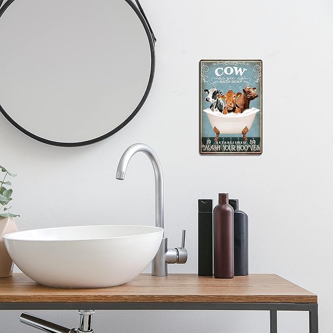 Funny Cow Bathtub Decor - Cow Accessories Farm Decor Signs Wall Art Poster Retro Bar Home Bathroom Wall Decoration 8x12 Inch