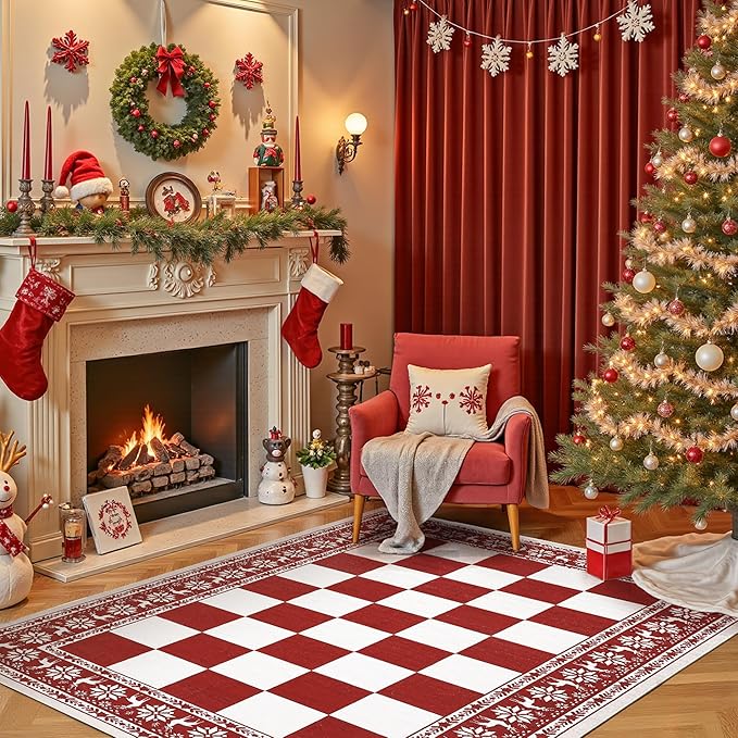 GarveeHome Red 4x6 Rugs for Living Room, Washable Rug for Christmas Decor, Indoor Non Slip Carpet, Checkered Soft Low Pile Christmas Rug for Entryway, Bedroom, Dining Room