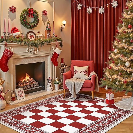 GarveeHome Red 4x6 Rugs for Living Room, Washable Rug for Christmas Decor, Indoor Non Slip Carpet, Checkered Soft Low Pile Christmas Rug for Entryway, Bedroom, Dining Room