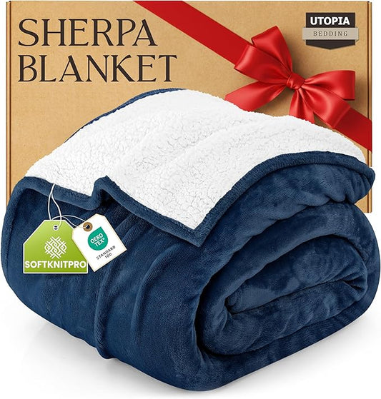 Utopia Bedding Sherpa Blanket Twin Size (Navy, 60x80 Inches) - Soft Lightweight Plush Fleece Reversible Winter Blanket for Bed, Sofa, Couch, Camping and Travel