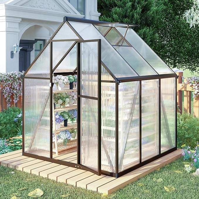 CQZY 6x6 FT Greenhouse for Outdoors, Polycarbonate Greenhouse with Quick Setup Structure and Roof Vent, Aluminum Large Walk-in Green House for Outside Garden Backyard, Dark Gray