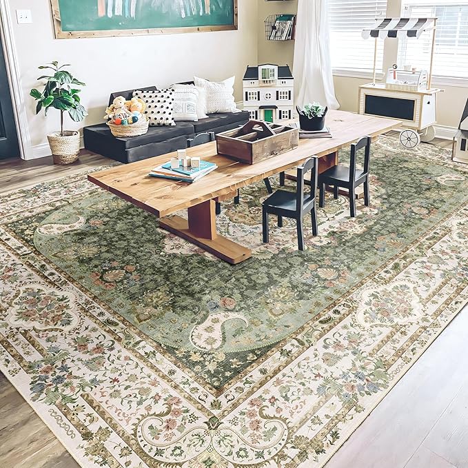 9x12 Area Rugs Washable,Green Rug for Living Room Bedroom Dining Room,Large Boho Vintage Bohemian Distressed Carpet Non Slip,Floral
