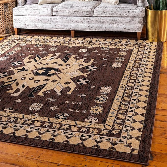 Unique Loom Taftan Collection Border Geometric Tribal Inspired Design Area Rug (8' 0 x 8' 0 Square, Brown/ Tan)