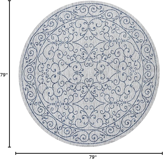 JONATHAN Y Vintage Filigree Indoor Outdoor Round Area Rug 6 Ft Gray/Navy, Charleston Textured Weave for Backyard, Patio, Porch, Easy-Cleaning, High Traffic, Pet-Friendly, Non-Shedding (SMB106C-6R)