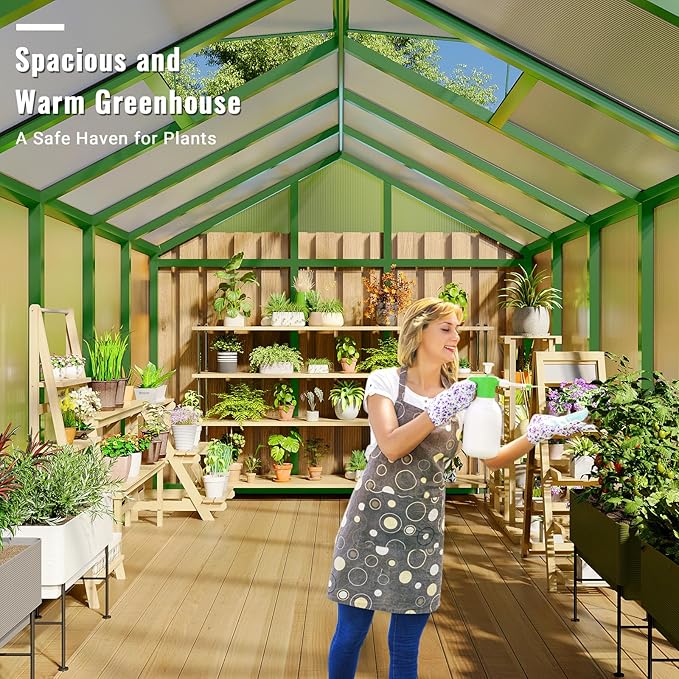 8x12 FT Greenhouse, Easy Assembly Aluminum Polycarbonate Greenhouses for Outdoors with Roof Vent, Large Aluminum Walk-in Greenhouse for Sunroom Patio, Backyard, Garden, Sliding Lockable Door, Green