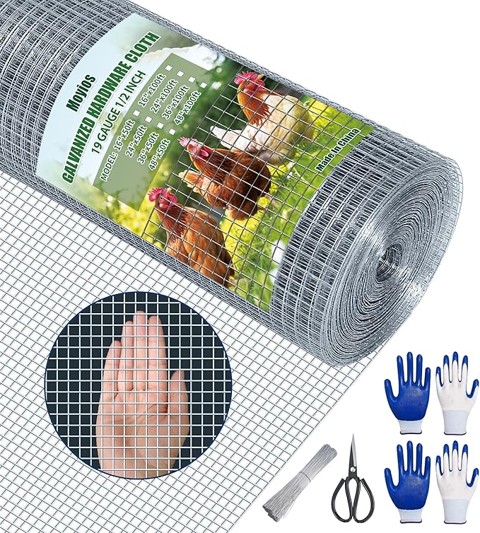 Hardware Cloth 1/2 Inch 36 in x 50 ft 19 Gauge, Hot Dip Galvanized Wire Mesh Rolls Welded Chicken Wire Fencing for Chicken Coop Barrier, Poultry Netting Cage Wire Fence(1/2 inch 36''× 50')