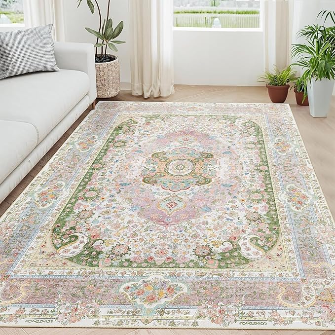 5x7 Area Rugs Washable,Pink Rug for Living Room Bedroom Kitchen,Large Boho Vintage Bohemian Distressed Carpet Non Slip,Blush Green