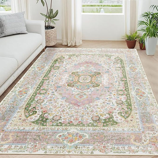 5x7 Area Rugs Washable,Pink Rug for Living Room Bedroom Kitchen,Large Boho Vintage Bohemian Distressed Carpet Non Slip,Blush Green