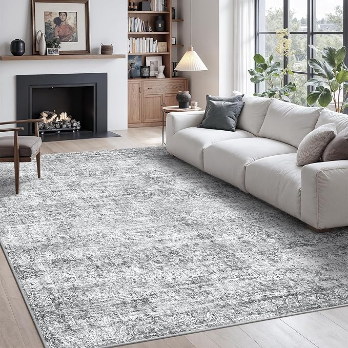 Rugland 5x7 Area Rugs - Stain Resistant Washable Rug, Anti Slip Rugs for Living Room, Vintage Tribal Area Rugs(Vintage01-Distressed Grey, 5'x7')