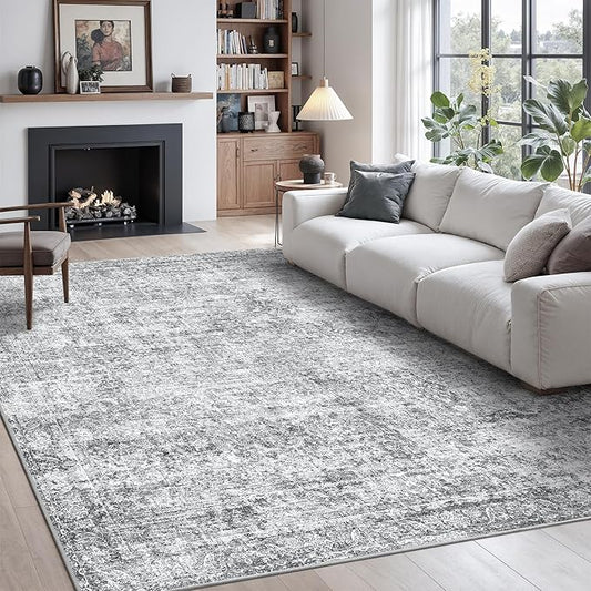 Rugland 5x7 Area Rugs - Stain Resistant Washable Rug, Anti Slip Rugs for Living Room, Vintage Tribal Area Rugs(Vintage01-Distressed Grey, 5'x7')