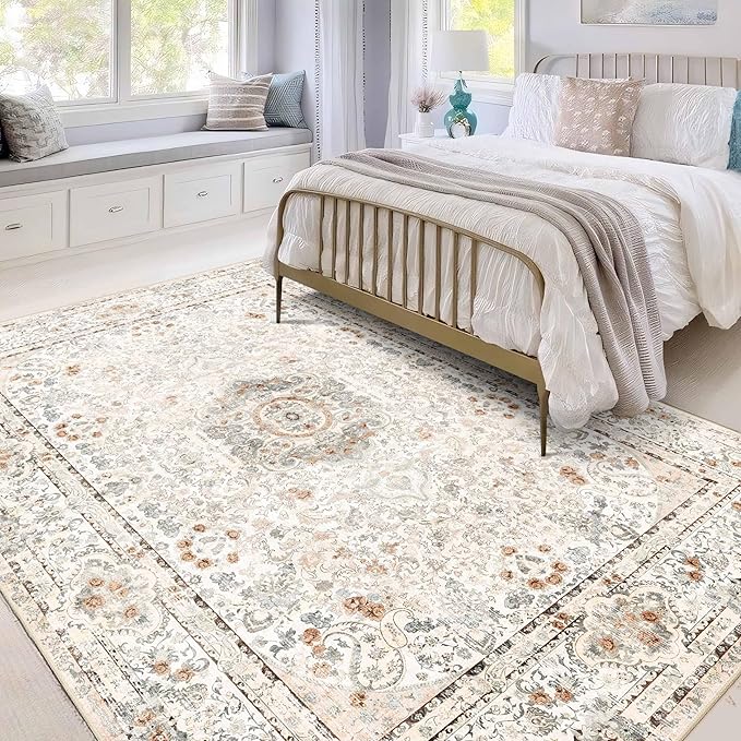 5x7 Area Rugs Washable,Boho Rug for Living Room Bedroom Kitchen,Large Vintage Bohemian Distressed Carpet Non Slip,Beige