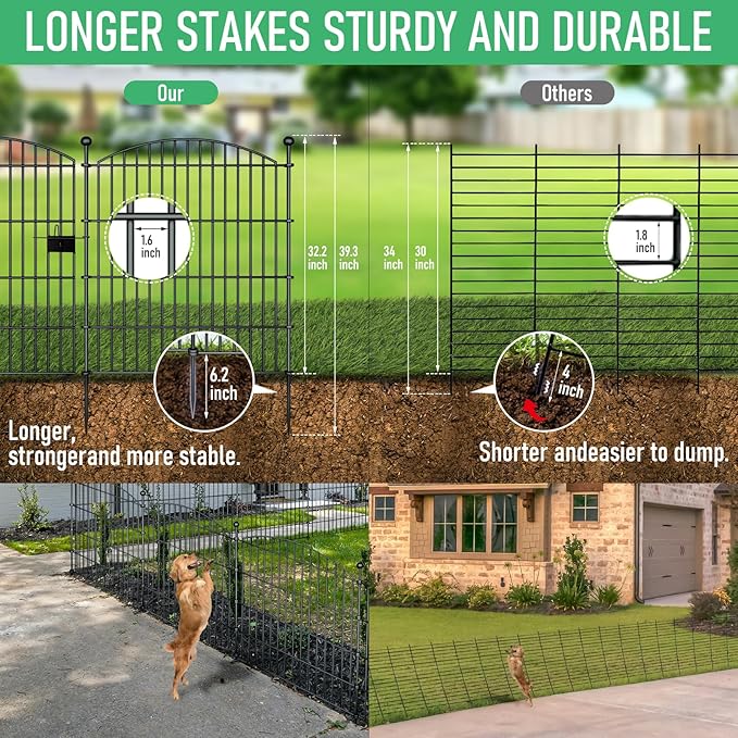 10 Panels Garden Fence Dog Fence Outdoor for Yard, 32in H x 23.6ft L Rustproof Metal Fencing with Ground Stakes | No Dig Animal Proof Containment for Pets/Rabbits | Durable Patio Security Panels