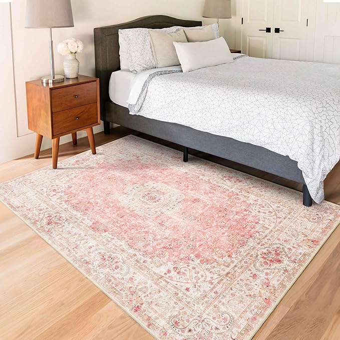 Pink Rug 3x5,Washable Area Rugs for Bedroom Living Room Kitchen Entryway,Small Boho Vintage Bohemian Distressed Non Slip Carpet,Blush
