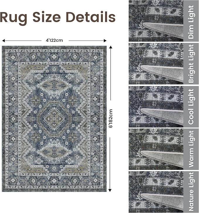 Rugland 4x6 Rug - Stain Resistant Washable Rug, Anti Slip Backing Rugs for Living Room, Vintage Tribal Area Rugs (TPR07-Navy, 4'x6')