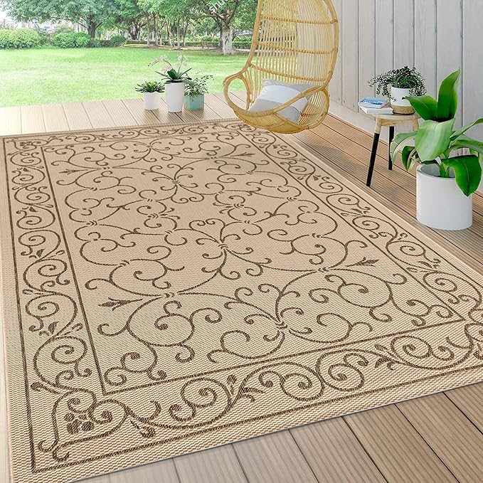 JONATHAN Y Vintage Filigree Indoor Outdoor Area Rug 5X8 Beige/Brown, Charleston Textured Weave for Backyard, Patio, Porch, Easy-Cleaning, High Traffic, Pet-Friendly, Non-Shedding (SMB106A-5)