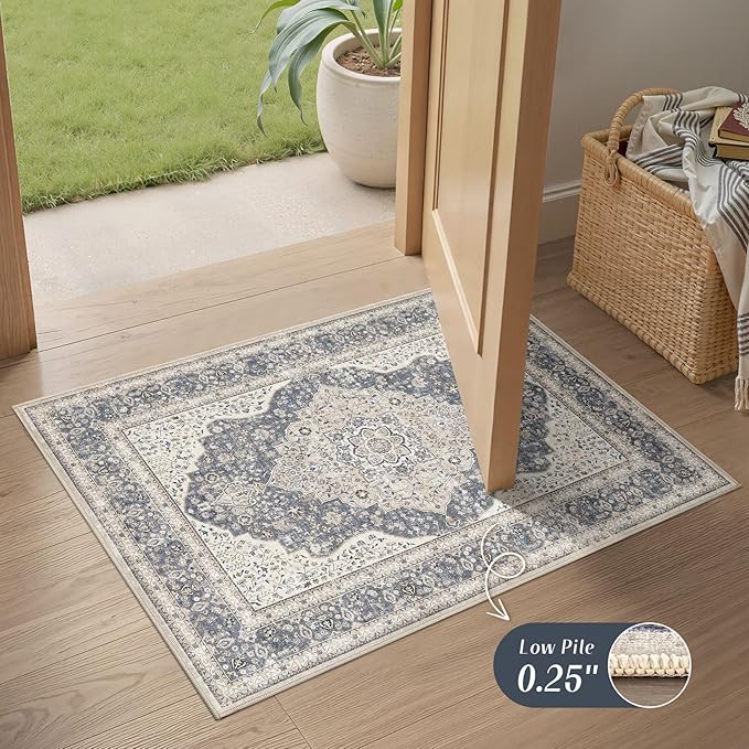 2x3 Washable Entryway Rug: Non-Slip Soft Indoor Throw Small Vintage Floral Area Rug for Kitchen Bedroom, Low Pile Durable Carpet for Front Door Porch Floor Doormat Home Decor (Blue/Beige)