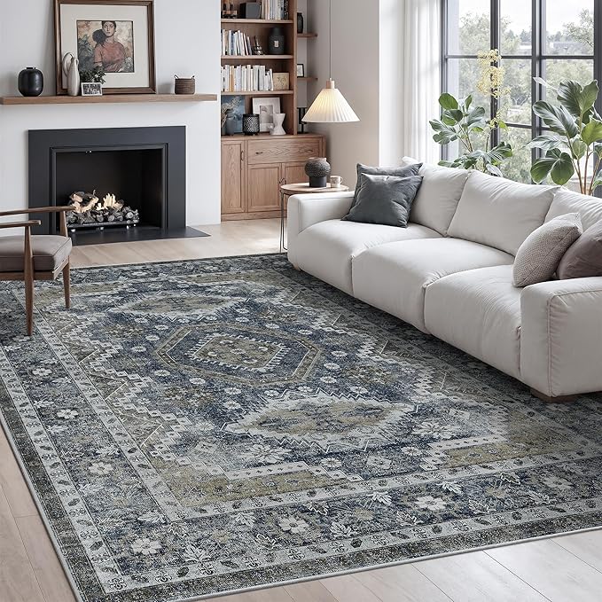 Rugland 4x6 Rug - Stain Resistant Washable Rug, Anti Slip Backing Rugs for Living Room, Vintage Tribal Area Rugs (TPR07-Navy, 4'x6')