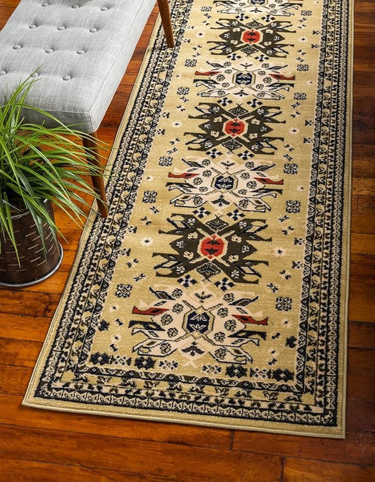 Unique Loom Taftan Collection Border Geometric Tribal Inspired Design Area Rug, 2 ft 2 in x 8 ft 2 in, Gold/Gray