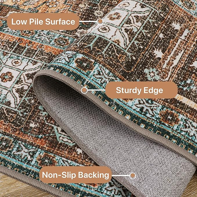 GENIMO 2x7 Runner Rugs for Hallway, Machine Washable Non Slip Vintage Rugs, Low Pile Lightweight Soft Print Rug for enrtyway, Corridor, Home Office, Kitchen, Vintage Brown/Blue