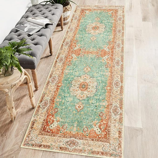 Washable Runner Rug 2x6,Boho Rug Runners Non Slip,Long Rugs for Hallways Kitchen Bedroom Entryway Bathroom,Vintage Bohemian Distressed Farmhouse Floor Carpet,Retro Orange Green Floral