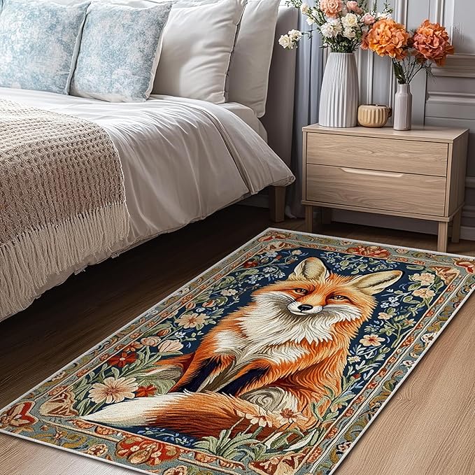 3x5 Fox Area Rugs Boho Floral Flower Rug for Bathroom Kitchen Entryway Indoor Soft Non-Slip Thin Hippie Carpet Small Doormat for Office Dining Room Under Table Washable Machine