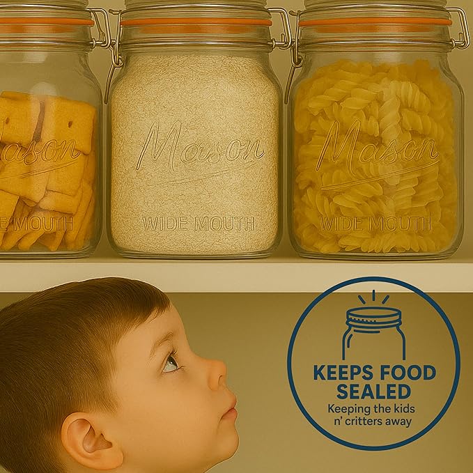 kitchentoolz Large Glass Mason Jars with Airtight Lids - Half Gallon Food Storage & Canning Jars with Measurement Markings - Kitchen Pantry Containers for Flour, Sugar & Dry Goods - 64 oz (4pk)