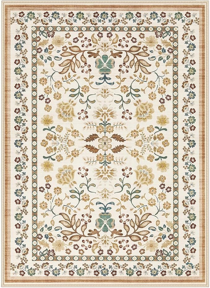 4x6 Area Rug Living Room Rugs - Washable Boho Vintage Floral Large Soft Non Slip Thin Rug Low Pile Carpet for Bedroom Dining Room Kids Playroom Office Decor Indoor- Brown