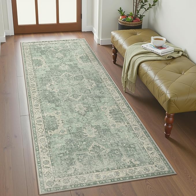 GENIMO 2x5 Runner Rugs for Hallway, Machine Washable Non Slip Vintage Rugs, Low Pile Lightweight Soft Print Rug for enrtyway, Corridor, Home Office, Kitchen, Light Green