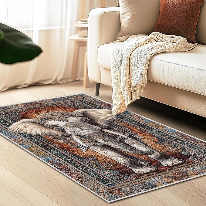 3x5 Elephant Area Rugs Boho Elephant Rug for Bathroom Kitchen Entryway Indoor Soft Non-Slip Thin Hippie Carpet Vintage Small Brown Doormat for Office Dining Room Under Table Washable Machine