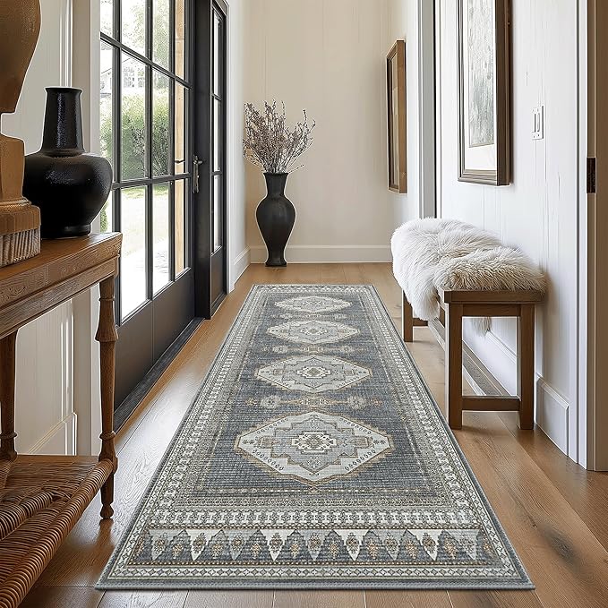 GENIMO 2x5 Washable Runner Rug for Hallway, Vintage Non Slip Low Pile Carpet, Soft Lightweight Printed Rug for Entryway, Kitchen, Corridor & Home Office, Gray/Beige