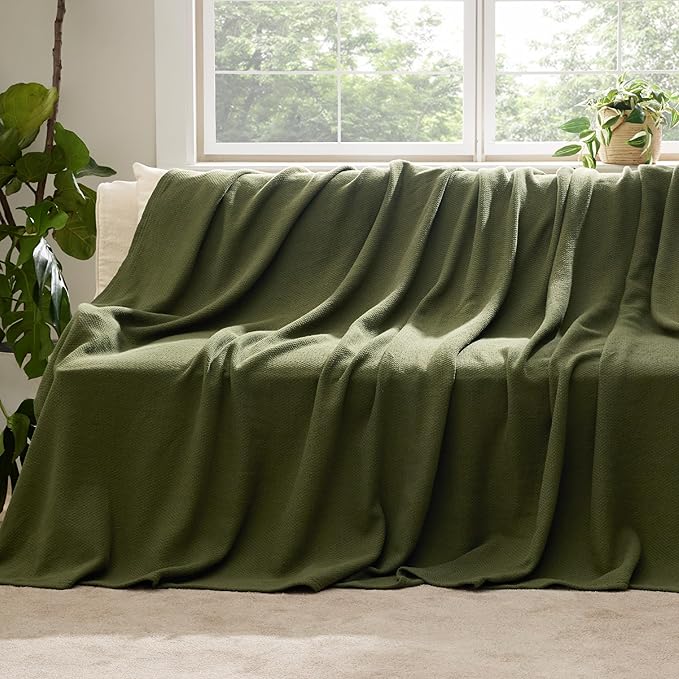 Bedsure 100% Cotton Blanket Full Size for Bed - Breathable and Lightweight, Soft Cozy Textured Herringbone Woven Blanket for Summer Spring, Olive Green, 80x90 inches