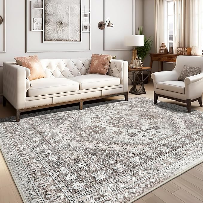 zesthome 6x9 Area Rug, Super Soft Washable Rugs for Living Room, Non-Slip Stain Resistant Vintage Rugs, Ultra-Thin Large Area Rugs (Brown/Beige,6'x9')