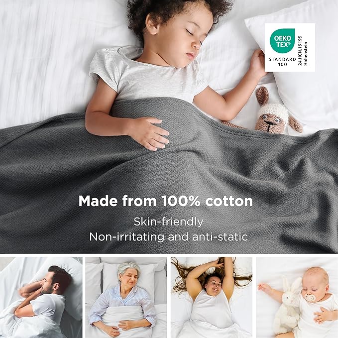 Bedsure 100% Cotton Blanket Full Size for Bed - Breathable and Lightweight, Soft Cozy Textured Herringbone Woven Blanket for Summer Spring, Dark Grey, 80x90 inches