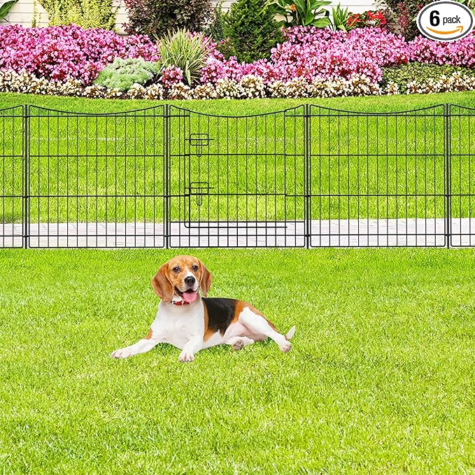 INJOPEXI Garden Fence 6 Panels 11.8ft(L)×24in(H) Decorative Garden Fences with 5 Panels + 1 Gate, Rustproof Metal Wire No Dig Temporary Rabbit Animal Barrier Fencing Dog Fence for Yard Outdoor Patio