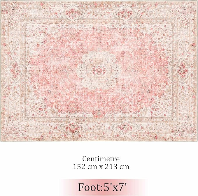 5x7 Area Rugs Washable,Pink Rug for Living Room Bedroom Kitchen,Large Boho Vintage Bohemian Distressed Carpet Non Slip,Blush