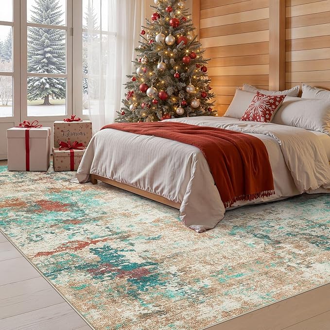 9x12 Christmas Area Rug Living Room Rugs - Washable Neutral Modern Abstract Soft Thin Large Rug Indoor Floor No Slip Rug Carpet for Bedroom Under Dining Table Home Office Decor - Colorful