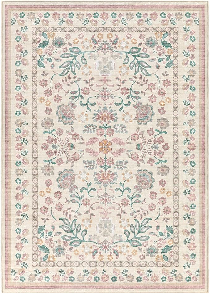 4x6 Area Rug Living Room Rugs - Washable Boho Vintage Floral Large Soft Non Slip Thin Rug Low Pile Carpet for Bedroom Dining Room Kids Playroom Office Decor Indoor- Pink