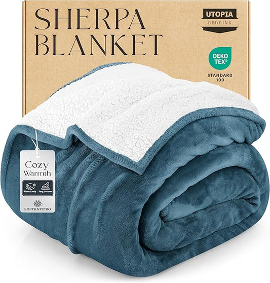 Utopia Bedding Sherpa Blanket King Size (Stone Blue, 90x102 Inches) - Soft Plush Fleece Reversible Blanket for Bed, Sofa, Couch, Camping and Travel