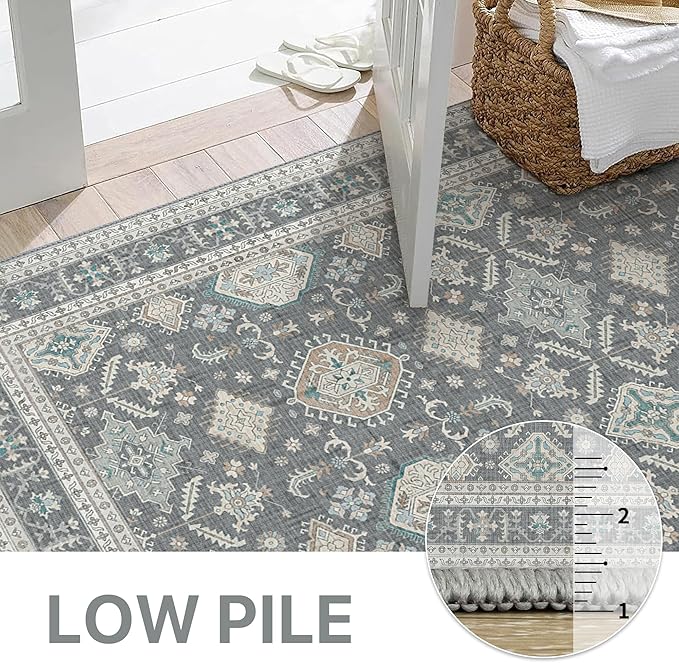 GENIMO Machine Washable 8x10 Area Rugs for Living Room, Non Slip Vintage Rugs, Low Pile Lightweight Chenille Print Rug for Bedroom, Dining Room, Home Office, Gray