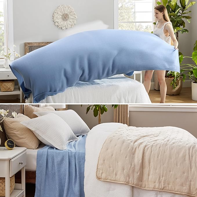 Bedsure GentleSoft 100% Cotton Blanket King Size for Bed - Breathable and Lightweight, Soft Cozy Textured Herringbone Woven Blanket for Summer, Ashley Blue, 108x90 inches