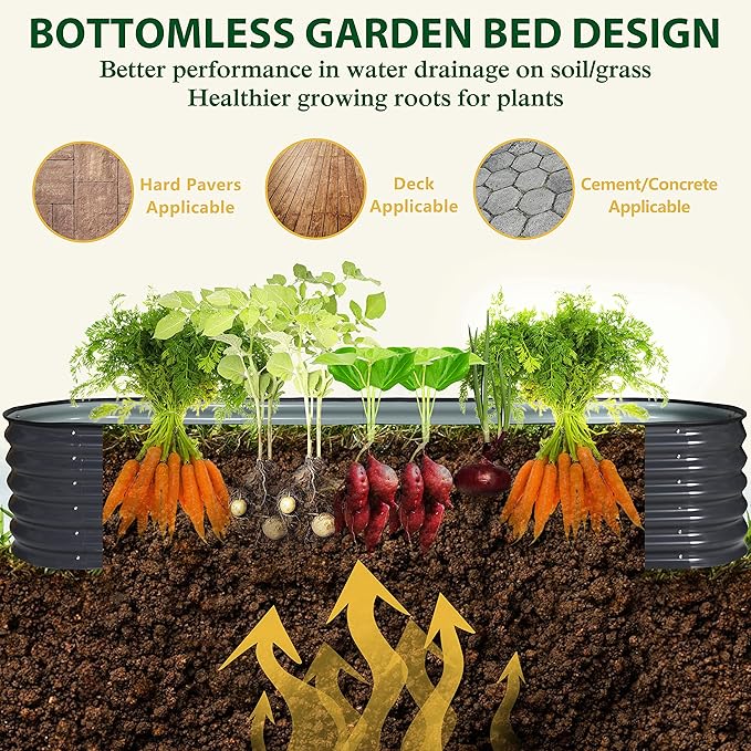 MUPATER 8ftx2ftx1.4ft Raised Garden Bed Outdoor for Vegetables, 9-in-1 Galvanized Metal Planter Box, 17''H Modular Garden Bed Kit Oval for Herbs and Flowers, Grey