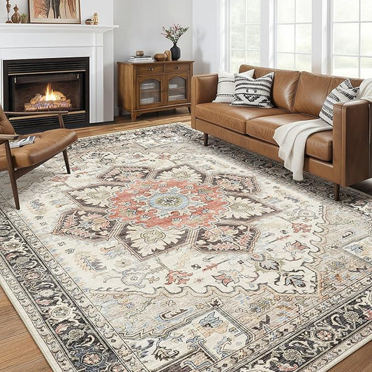 Area Rug for Living Room - 8x10 Soft Machine Washable Oriental Vintage Floral Distressed Large Indoor Floor Carpet for Bedroom Under Dining Table Home Office Decor - Multi Cream