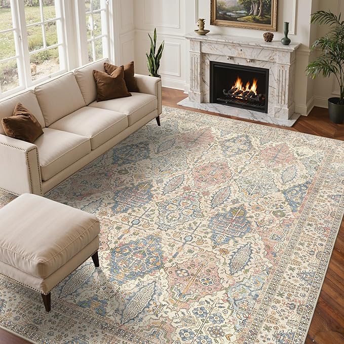GENIMO 3x5 Area Rugs for Living Room, Machine Washable Non Slip Vintage Rugs, Low Pile Lightweight Chenille Print Rug for Bedroom, Dining Room, Home Office, Beige Cream