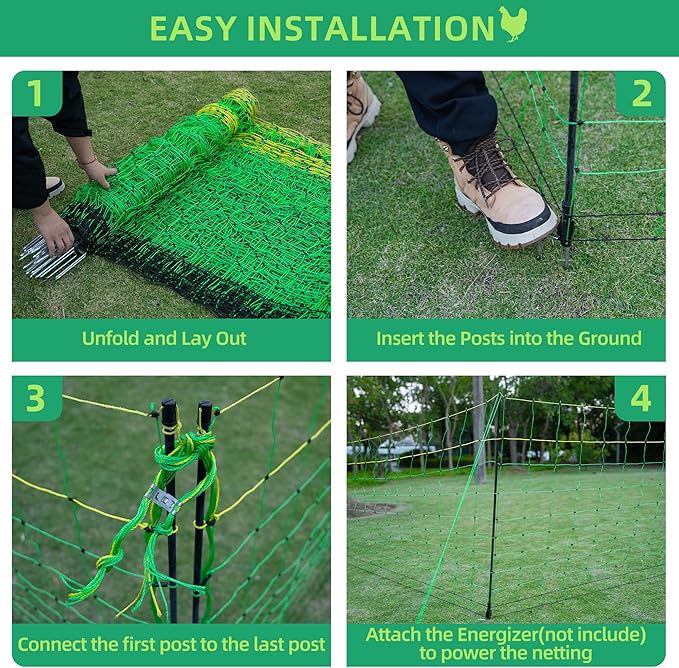 Poultry Netting Electric Fence, 41.5" H x 164' L, Portable Livestock Nets Mesh for Chickens, Ducks, Geese, Turkey, Electric Fencing for Backyards, Homesteaders, Farms, Ranches, Gardens