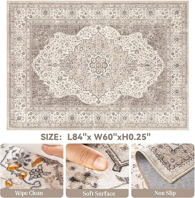 Washable Rug 5x7 Area Rugs for Living Room Bedroom Dining Room Home Office Floor Decor -Stain & Fade Resistant Non Slip Backing Carpet,Ultra-Thin Vintage Large Carpets (Brown/Beige,5'x7')